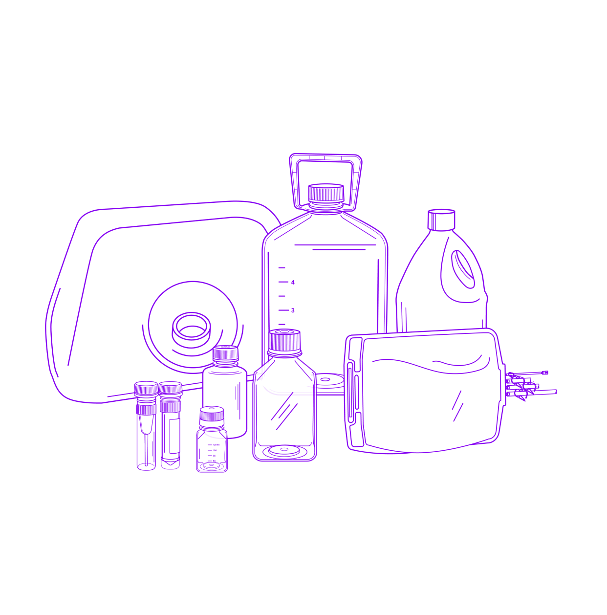 Illustration of various container formats: bottles, tubes, bags
